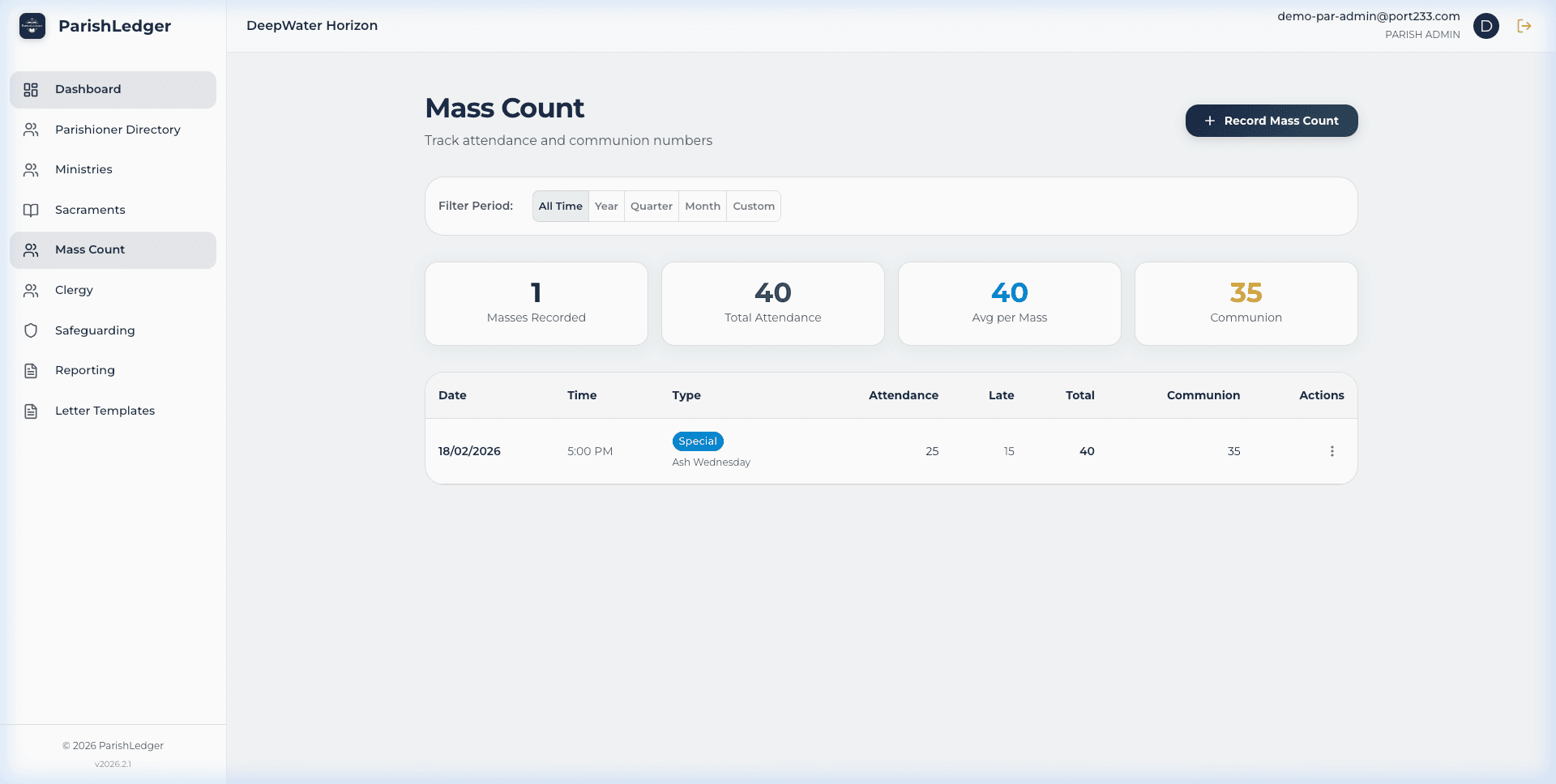 Mass Count and Attendance Tracking in ParishLedger