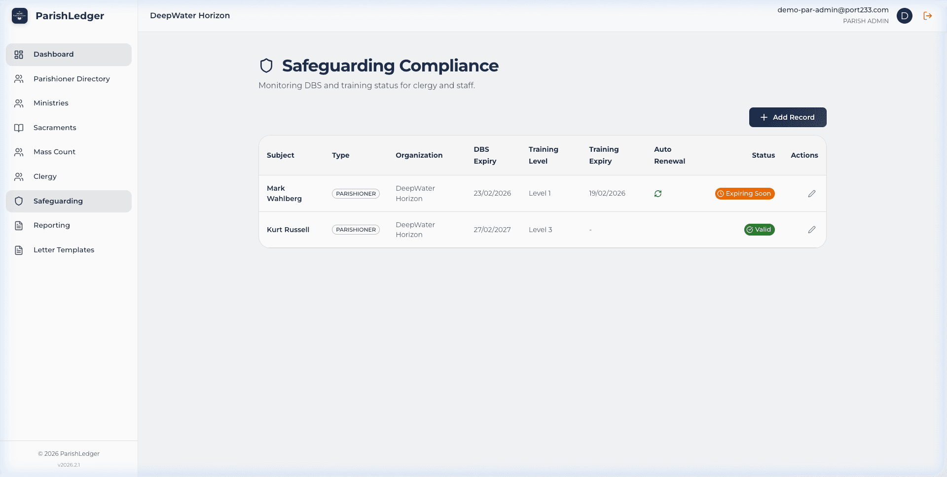 Safeguarding Compliance Dashboard in ParishLedger